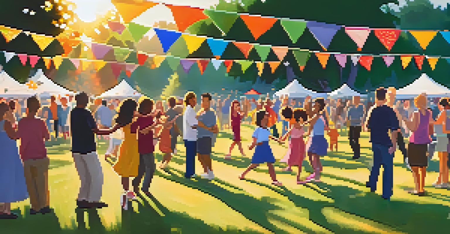 A lively outdoor community dance event in a park, with people of various ages dancing under string lights during sunset.