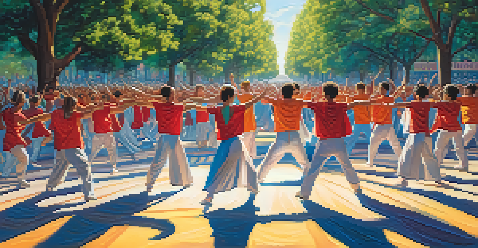 A group of dancers in a circle at an outdoor protest, expressing emotions through their movements with colorful banners in the background.