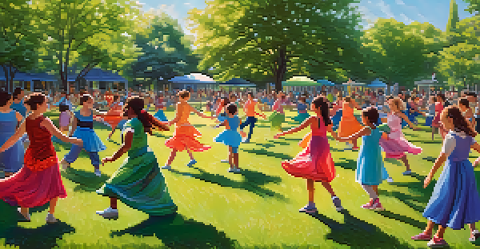 A diverse group of people of all ages dancing in a sunny park, surrounded by greenery and bright colors.