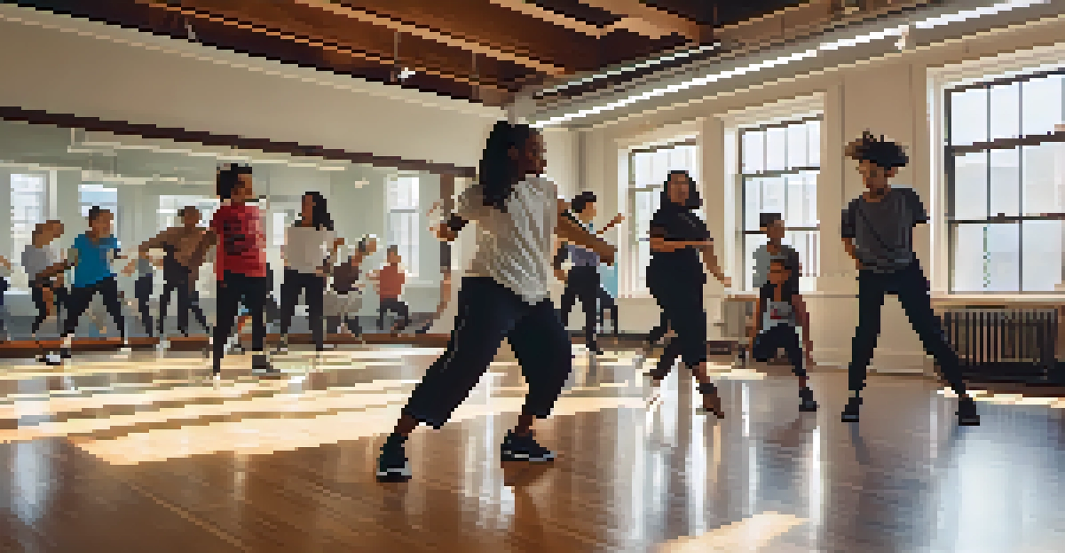 A hip-hop dance class in a classroom with students practicing and an instructor demonstrating moves, surrounded by mirrors and natural light.