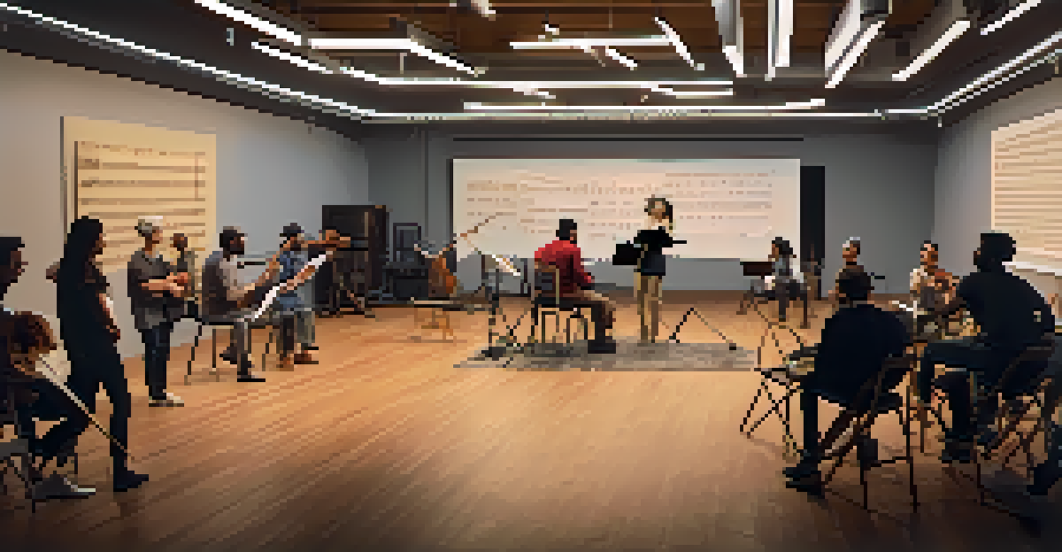 A group of performers discussing their rehearsal while watching playback on a screen, surrounded by notes and props in a warmly lit rehearsal space.