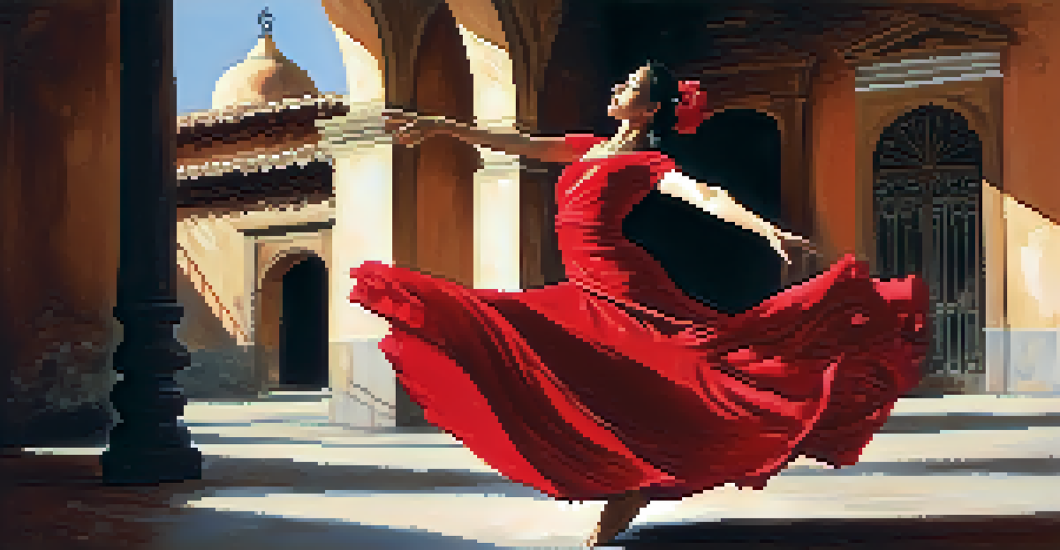 A Flamenco dancer in a red dress twirling against a rustic Spanish backdrop, showcasing her passionate expression.