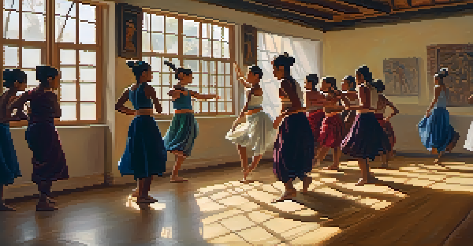 A workshop where young dancers are learning a traditional dance from an instructor, surrounded by cultural artifacts and filled with natural light.