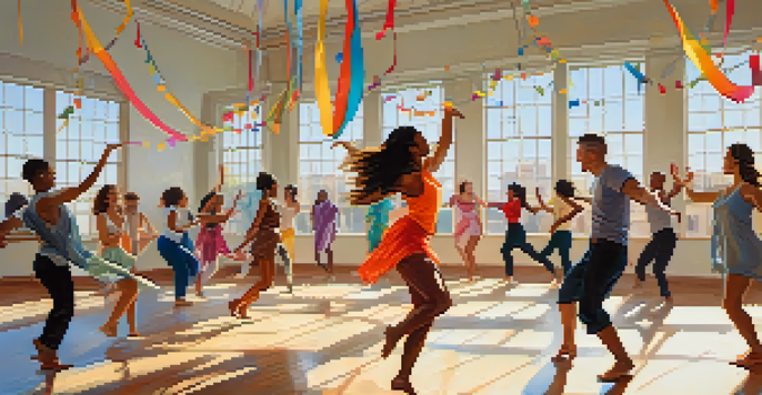 A diverse group of people dancing together in a bright studio, showcasing different dance styles with colorful decorations and natural light.