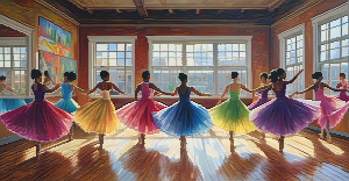 A dance studio with diverse dancers in colorful costumes practicing together, illuminated by natural light.