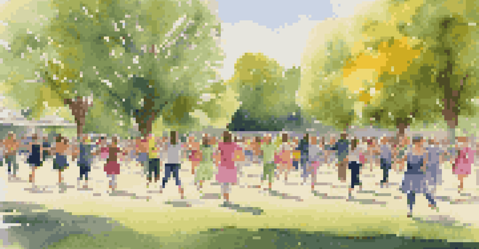 Participants of all ages practicing contemporary dance in a sunny park surrounded by trees.