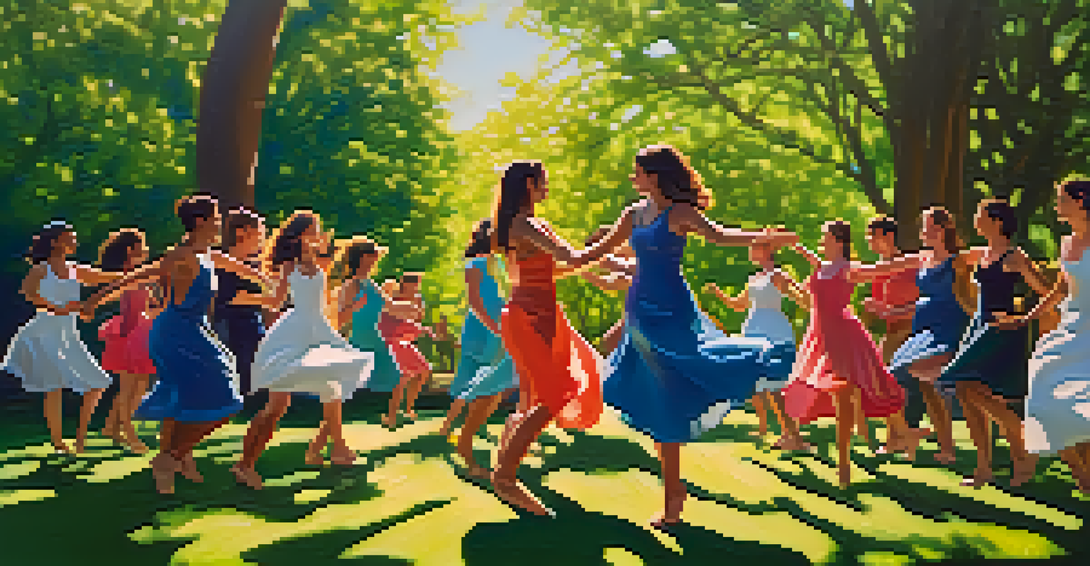 Dancers collaborating in an outdoor park setting, surrounded by greenery and flowers, illustrating spontaneous and fluid movements.