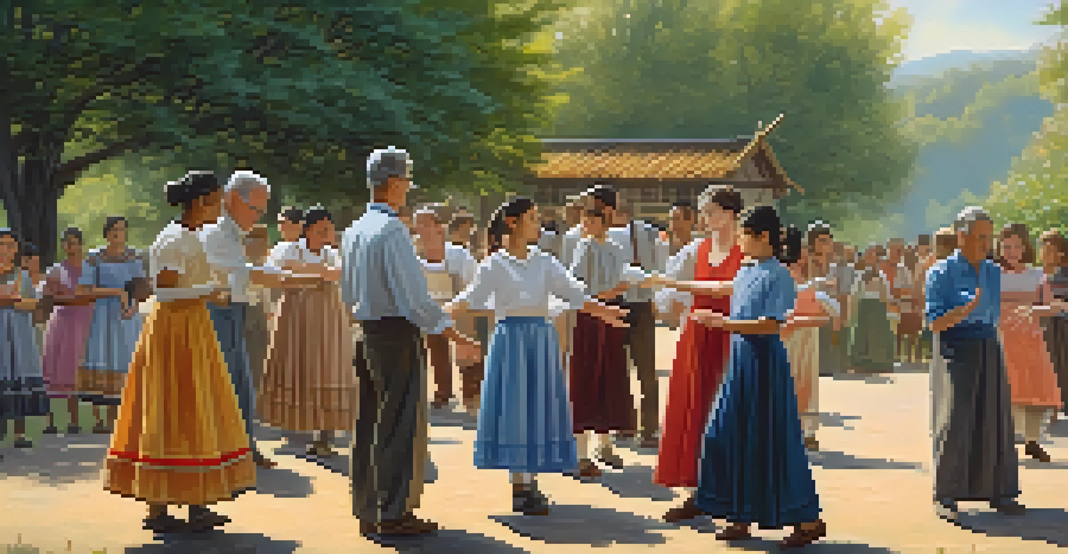 A group of people of different ages participating in an outdoor folk dance workshop, learning from a teacher in a natural setting bathed in soft sunlight.