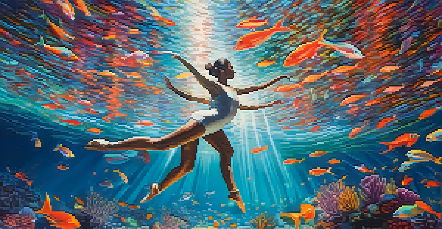 A contemporary dance performance underwater, with dancers surrounded by coral and fish, illuminated by sunlight.
