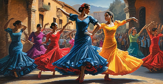 A group of Flamenco dancers in colorful costumes performing energetically, with a rustic background and warm lighting.