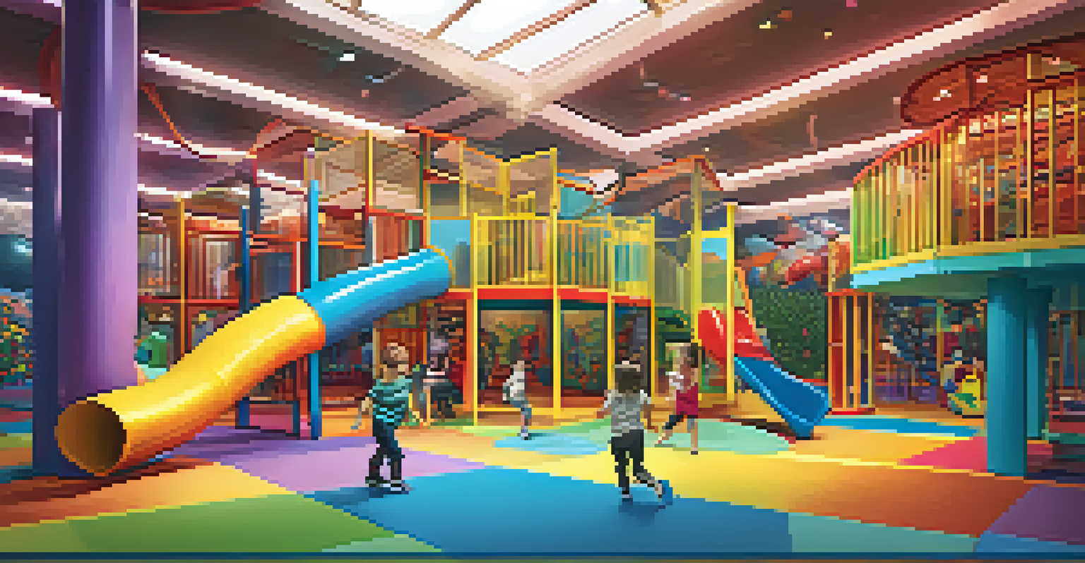 A colorful indoor play area with children climbing and laughing, surrounded by soft play equipment and warm lighting.
