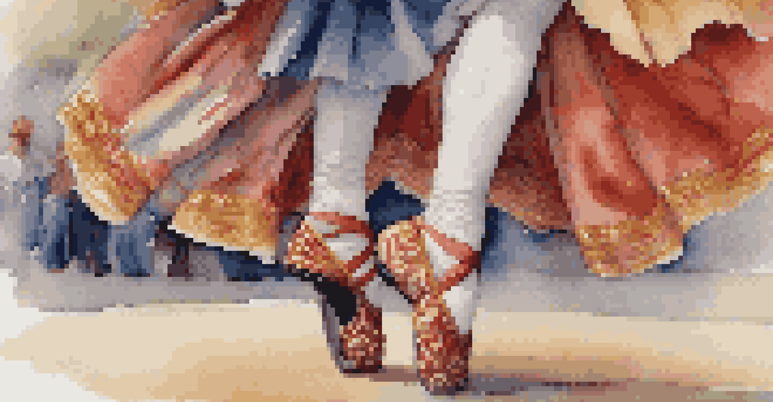 A close-up of a dancer's feet in traditional shoes showcasing intricate footwork during a folk dance celebration.