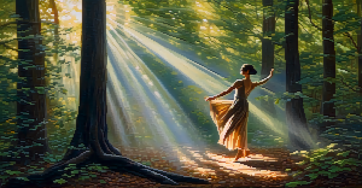 A dancer improvising in a peaceful forest, surrounded by trees and soft sunlight creating patterns on the ground.