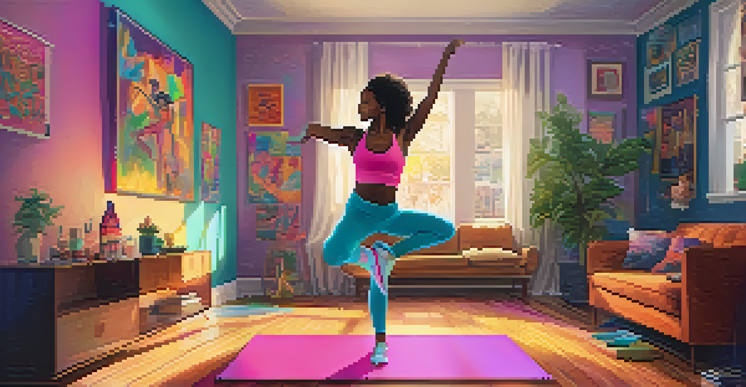 A person dancing joyfully in their living room, surrounded by motivational posters and colorful disco lights, creating an energetic home workout vibe.