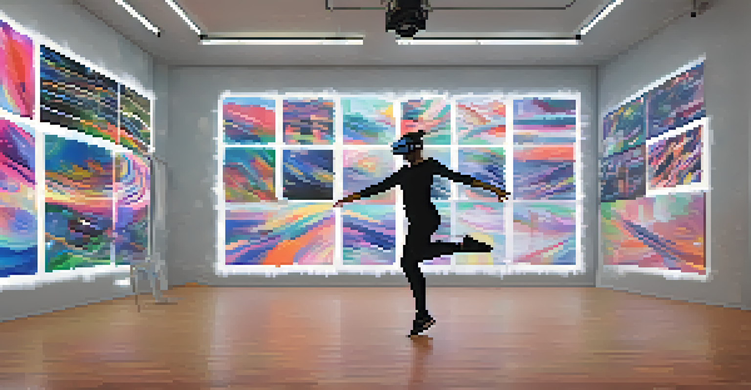 An artist wearing VR goggles in a modern studio, creating virtual choreography with animated visuals responding to their movements.