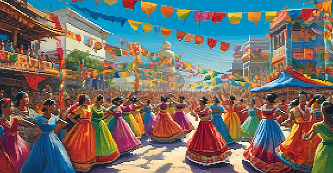 A lively outdoor dance festival with traditional dancers in colorful costumes performing for an enthusiastic audience under a blue sky.
