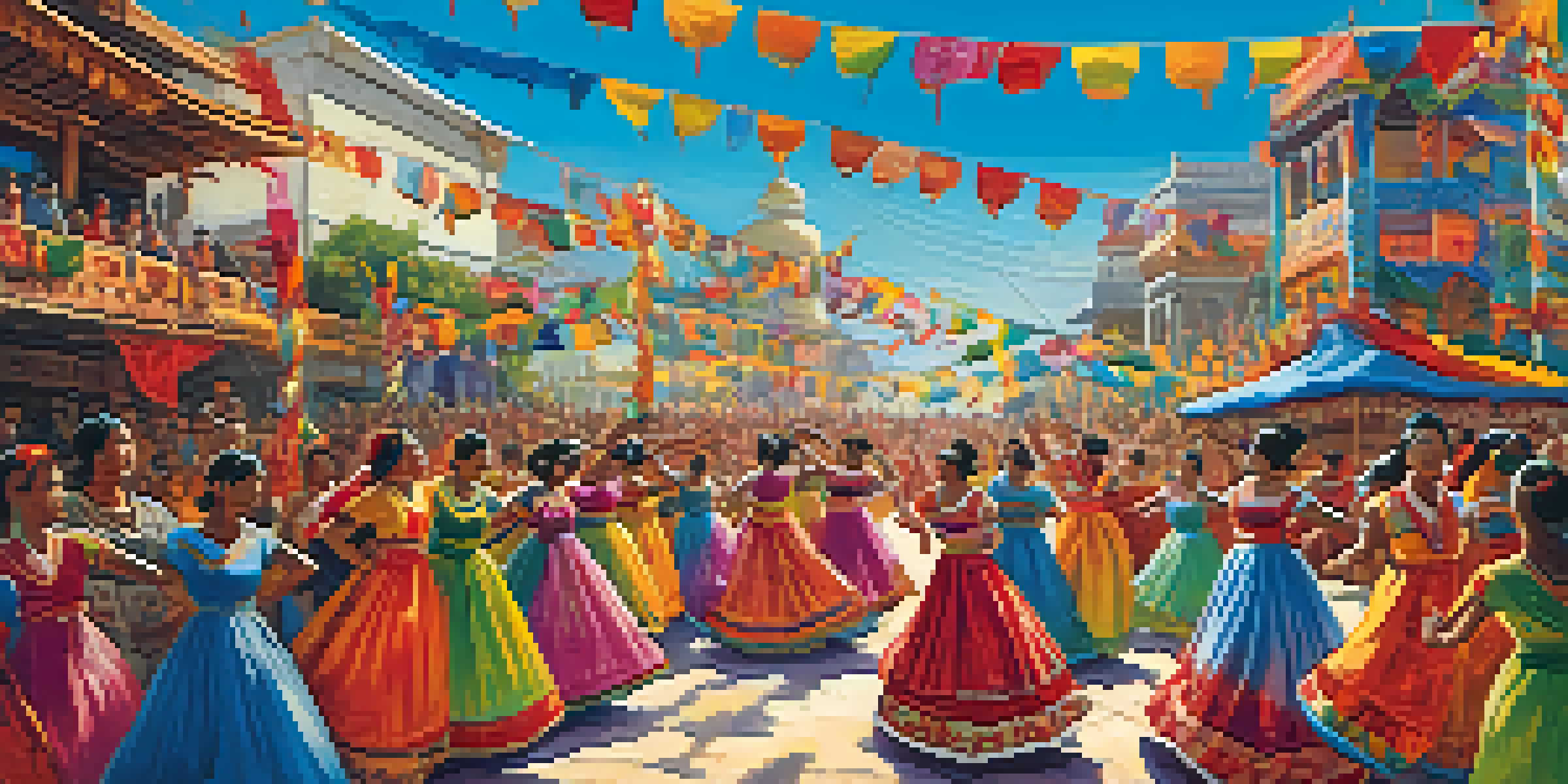 A lively outdoor dance festival with traditional dancers in colorful costumes performing for an enthusiastic audience under a blue sky.
