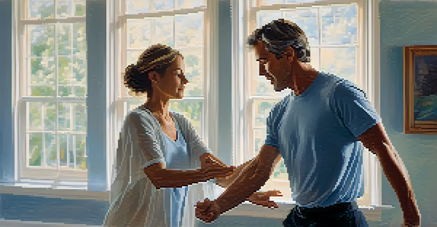A dance therapist guiding a client through a gentle movement exercise in a softly lit room, creating a therapeutic atmosphere.
