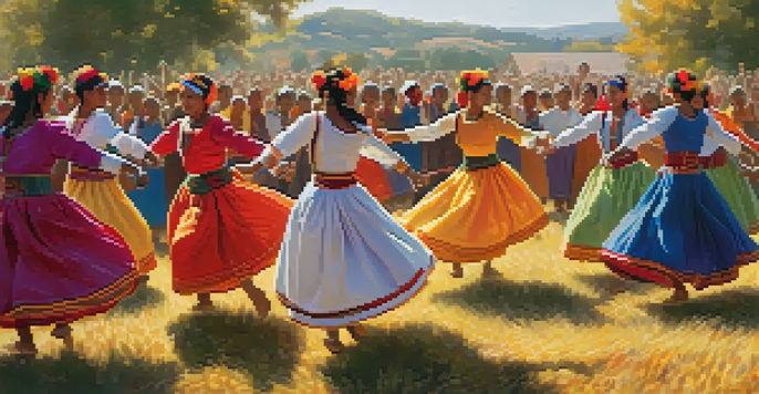 A colorful dance performance at a harvest festival, with joyful dancers in traditional costumes and an audience celebrating in a sunny field.