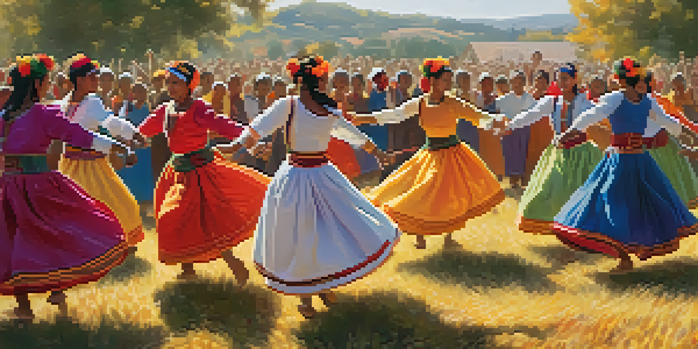 A colorful dance performance at a harvest festival, with joyful dancers in traditional costumes and an audience celebrating in a sunny field.
