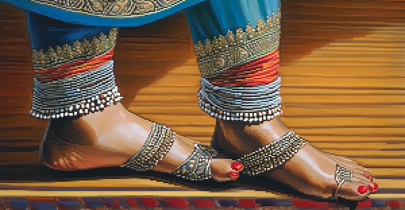 Close-up of a Kathak dancer's feet with ghungroo anklets, highlighting intricate footwork on a wooden stage.