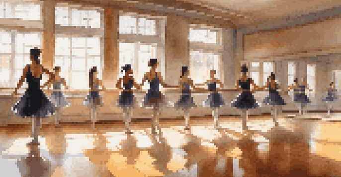 A diverse group of dancers practicing in a bright dance studio with mirrors and wooden floors, highlighting a young woman stretching gracefully.