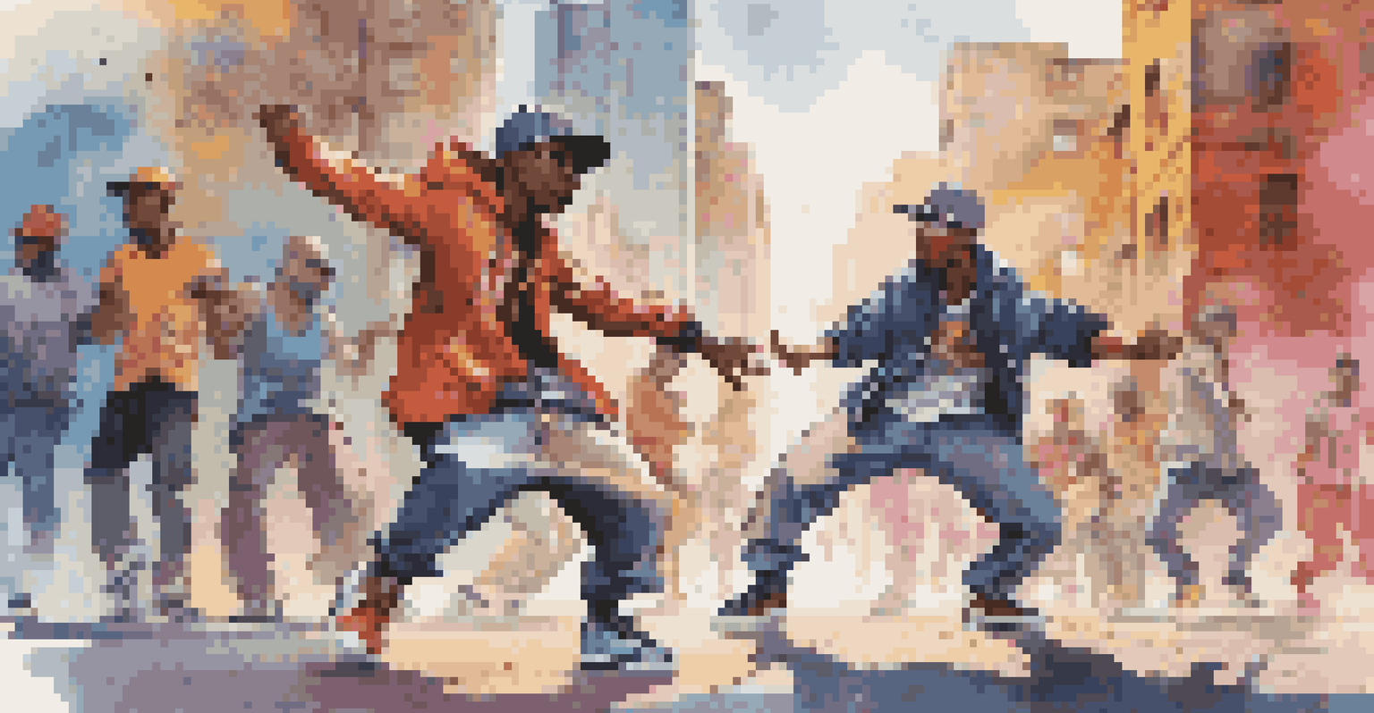 An urban dance battle scene with two animated characters showcasing different dance styles against a colorful graffiti backdrop.