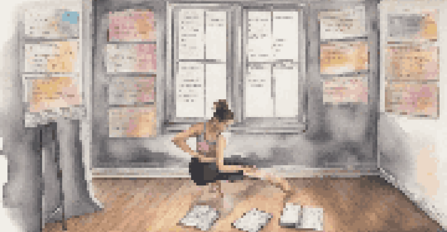 A dancer writing in a journal in a dance studio corner, surrounded by notes and dance photos, reflecting on their progress.
