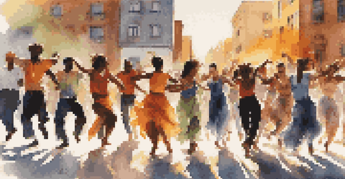 A diverse group of dancers performing a powerful protest dance in an urban setting during sunset, showcasing various dance styles and expressive movements.