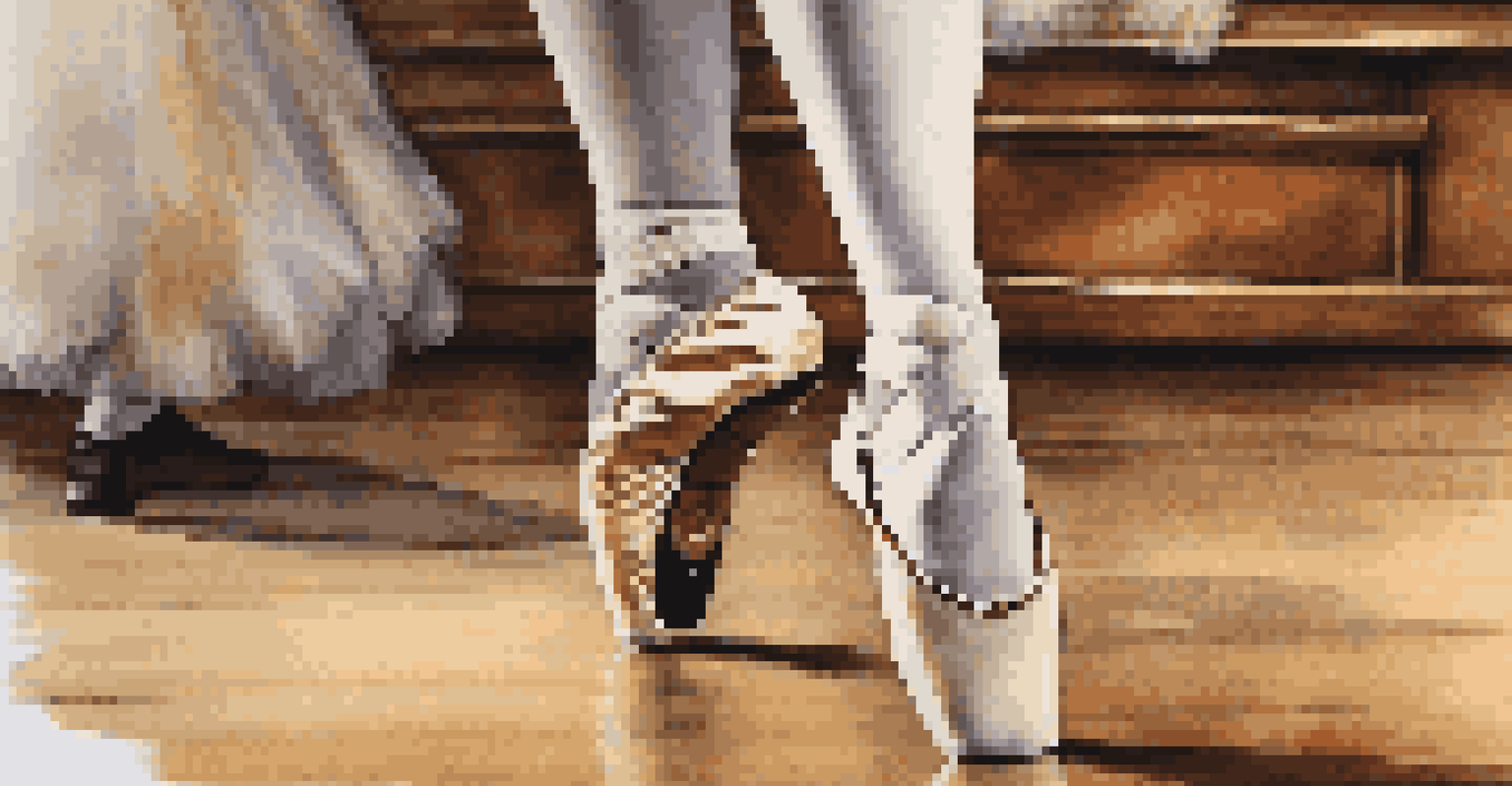A close-up of a dancer's feet in traditional shoes, showcasing movement on a wooden stage with soft lighting.