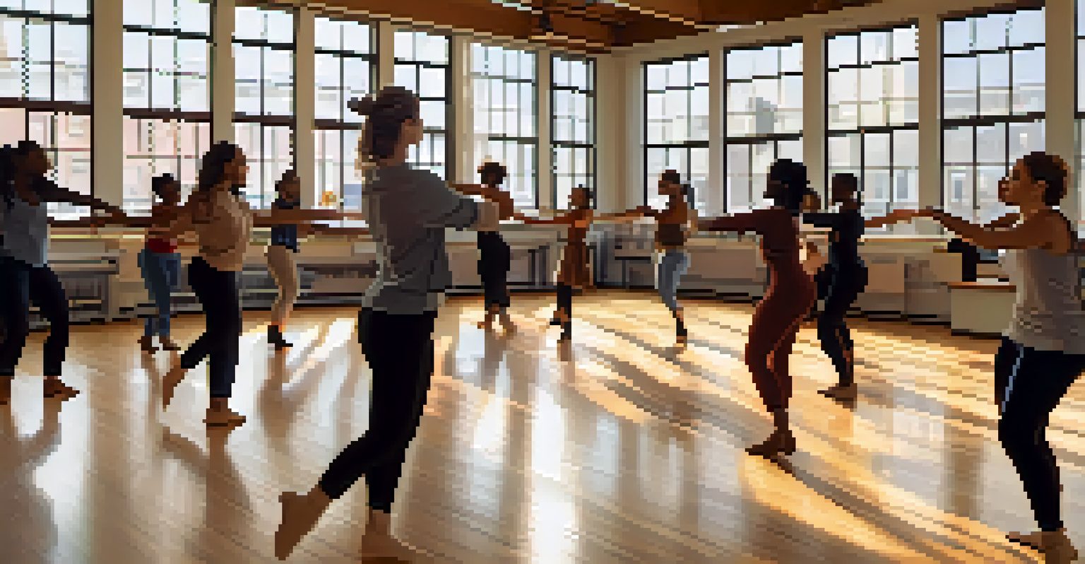 A small group of participants in a dance workshop, surrounded by natural light and motivational posters about social justice.