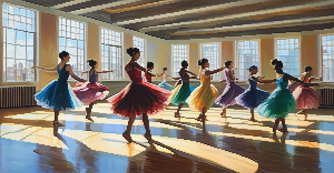 A bright dance studio with diverse dancers practicing together, showing collaboration and trust.