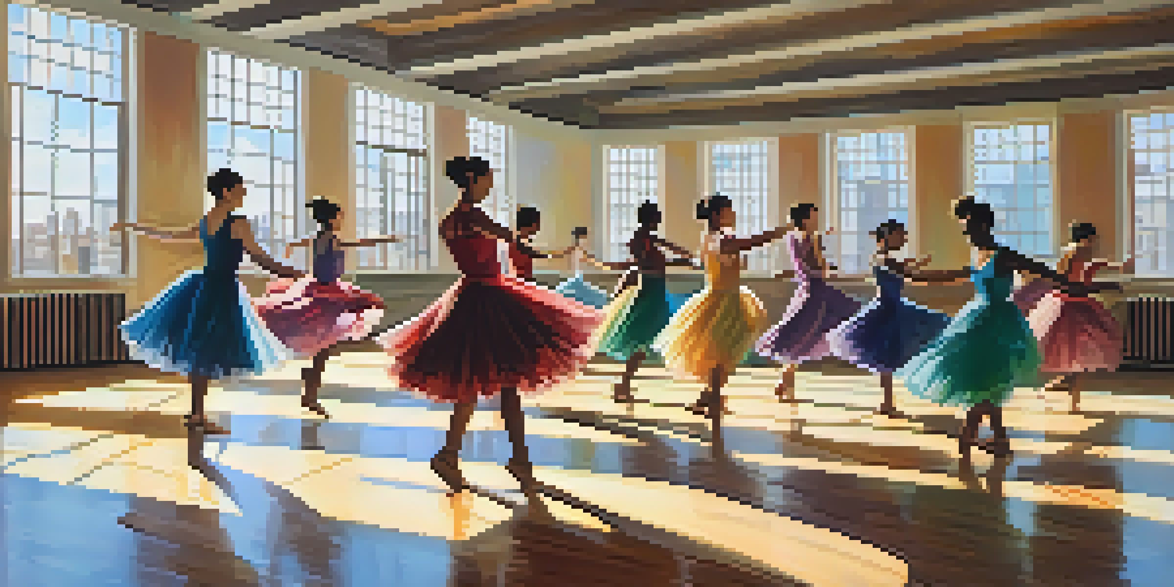 A bright dance studio with diverse dancers practicing together, showing collaboration and trust.