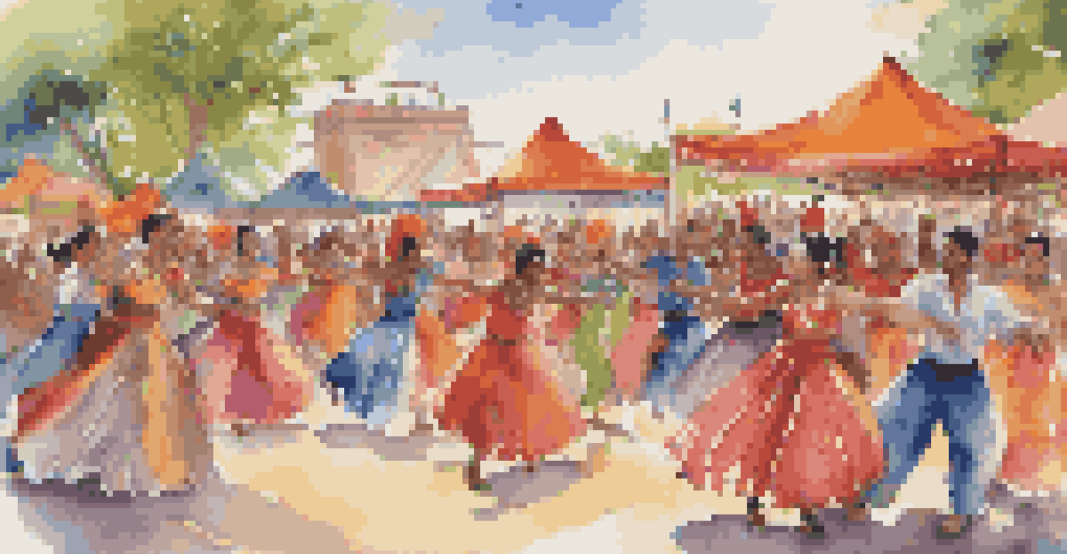 An outdoor dance festival featuring dancers in colorful costumes representing various cultures and dance styles.