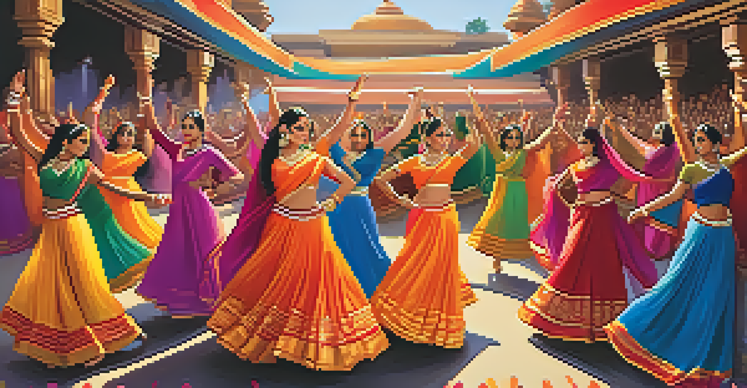 A lively Bollywood dance scene with colorful dancers in traditional attire, set against a festive backdrop.