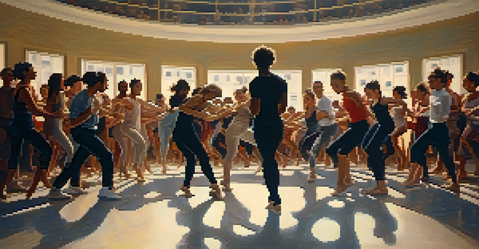A group of dancers improvising in a studio, surrounded by spectators, with soft lighting highlighting their expressions.