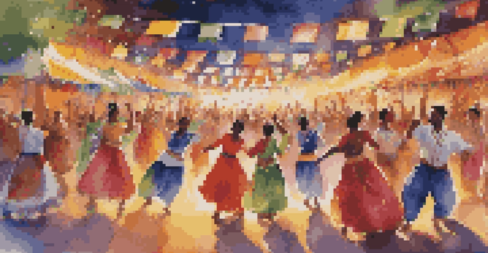 A lively dance festival with diverse dancers in traditional costumes performing under colorful lights, surrounded by an enthusiastic crowd.