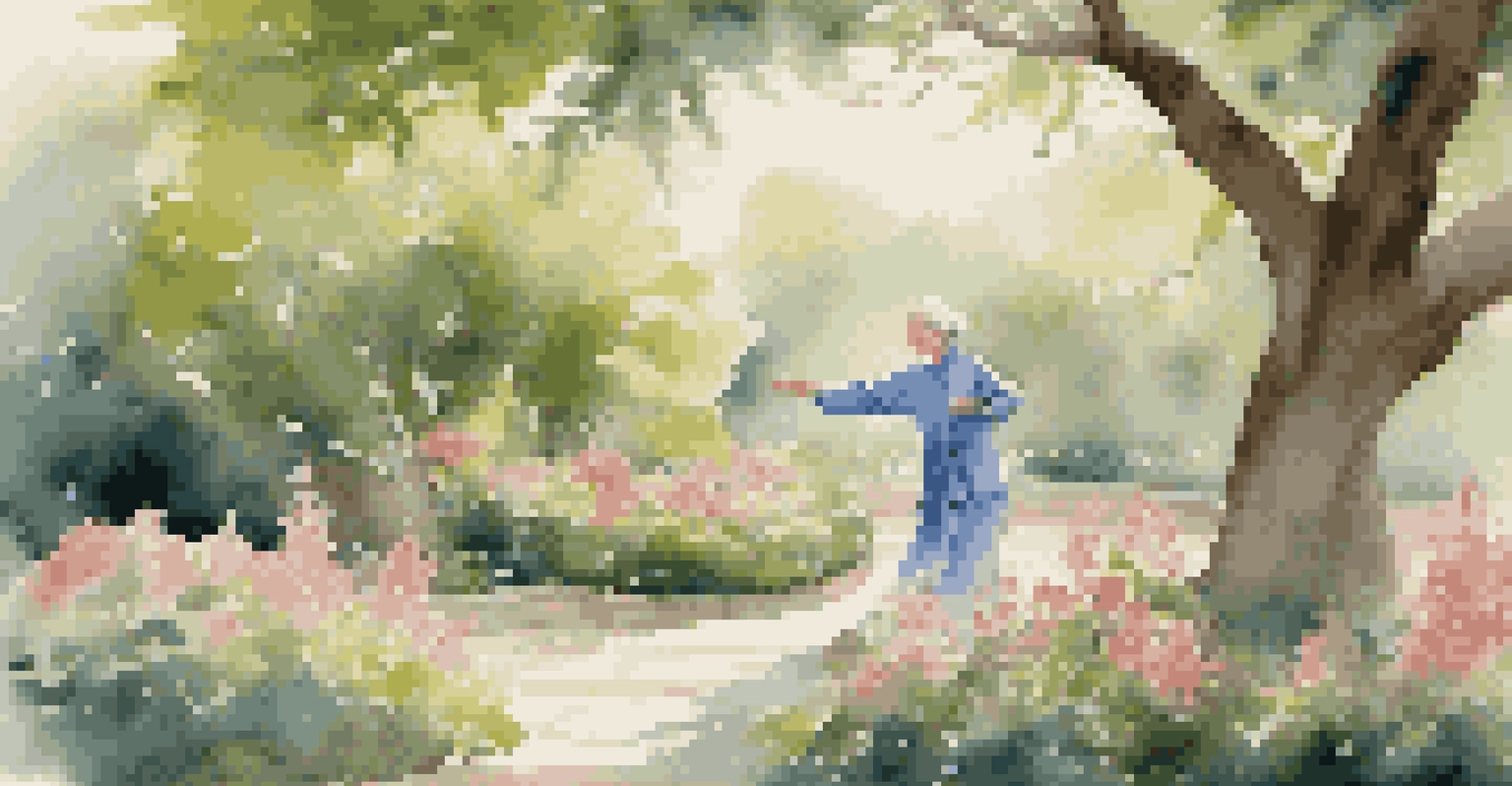 An older woman practicing tai chi in a tranquil outdoor garden filled with greenery.