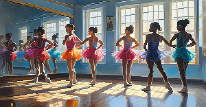 A bright and lively dance studio with dancers of various backgrounds practicing together, surrounded by mirrors and colorful attire.