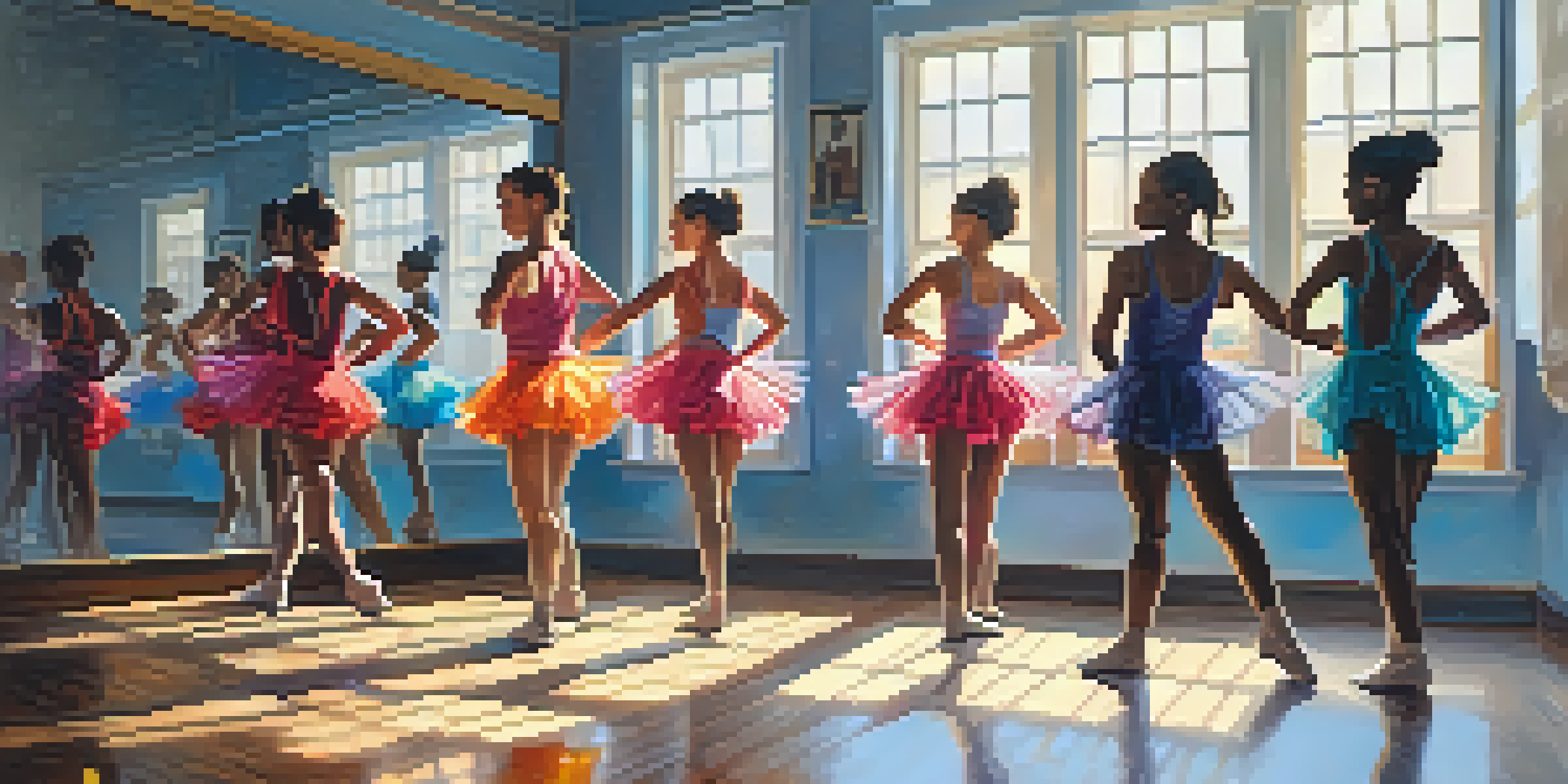 A bright and lively dance studio with dancers of various backgrounds practicing together, surrounded by mirrors and colorful attire.