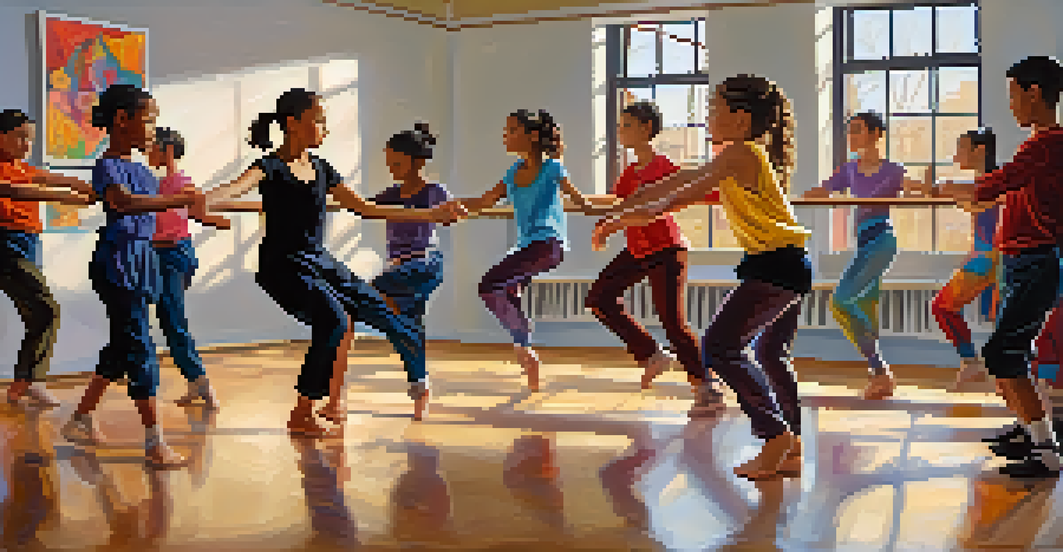 A diverse group of students in a dance workshop, learning from an instructor, surrounded by mirrors and vibrant artwork.
