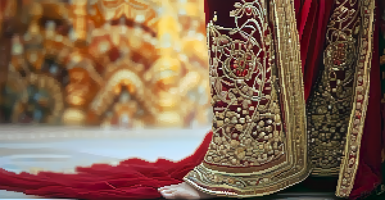 A detailed view of an Indian classical dance costume with intricate patterns and vibrant colors, displayed against a softly blurred background.