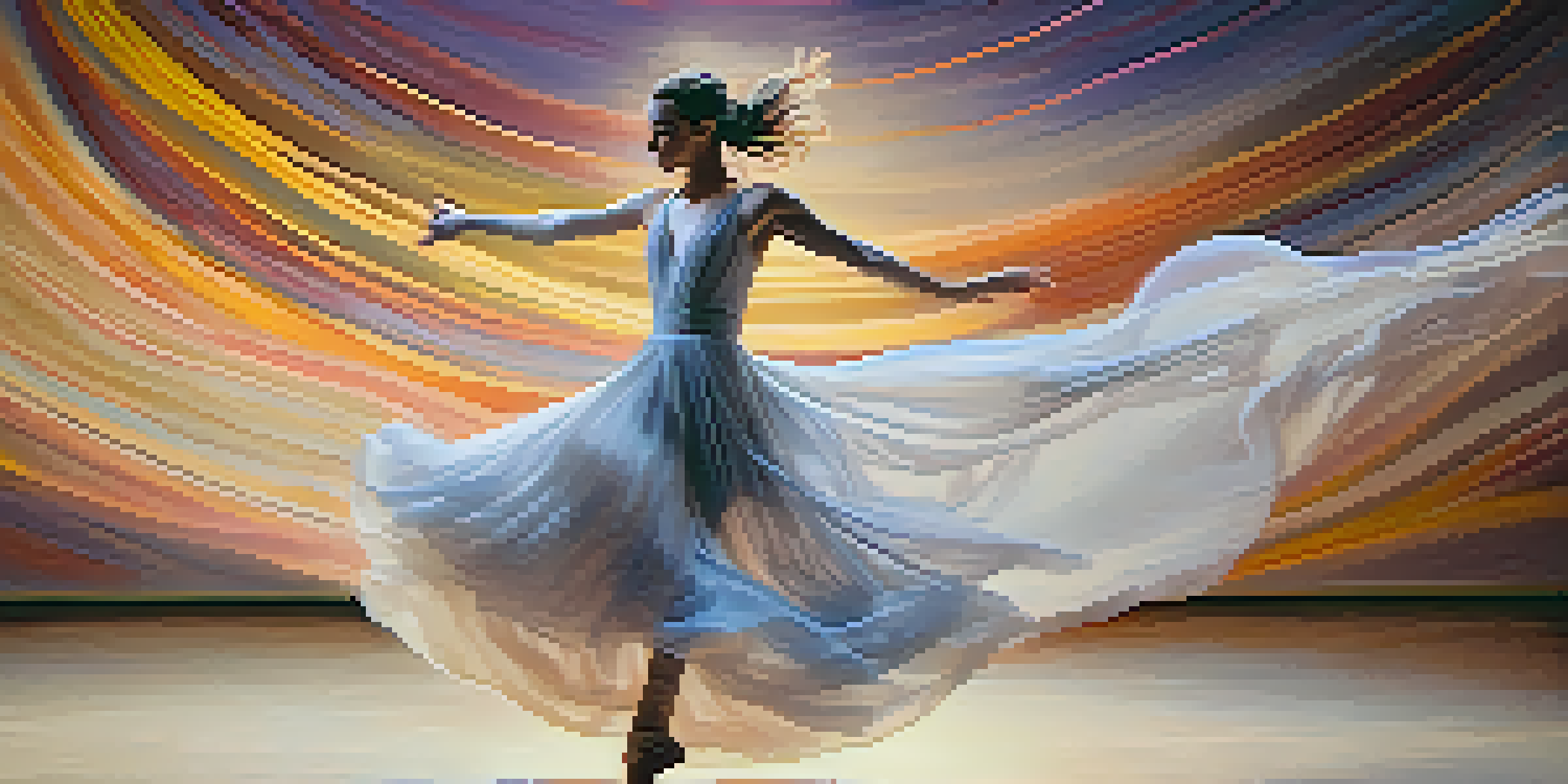 A female dancer in a flowing gown performing mid-air, surrounded by warm lighting and vibrant colors, conveying grace and emotion.