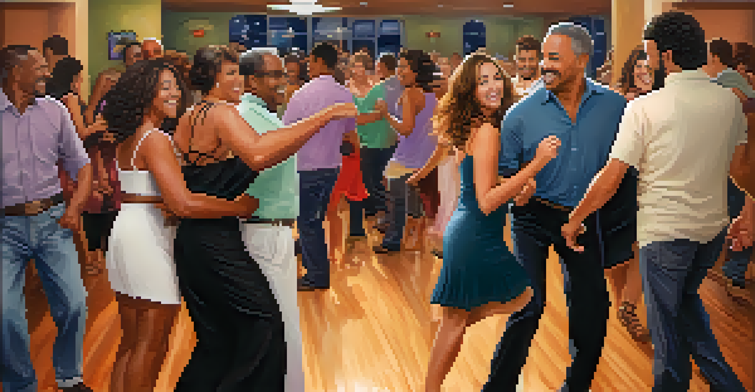 A lively salsa night at a community center with diverse participants dancing joyfully together under warm lighting.