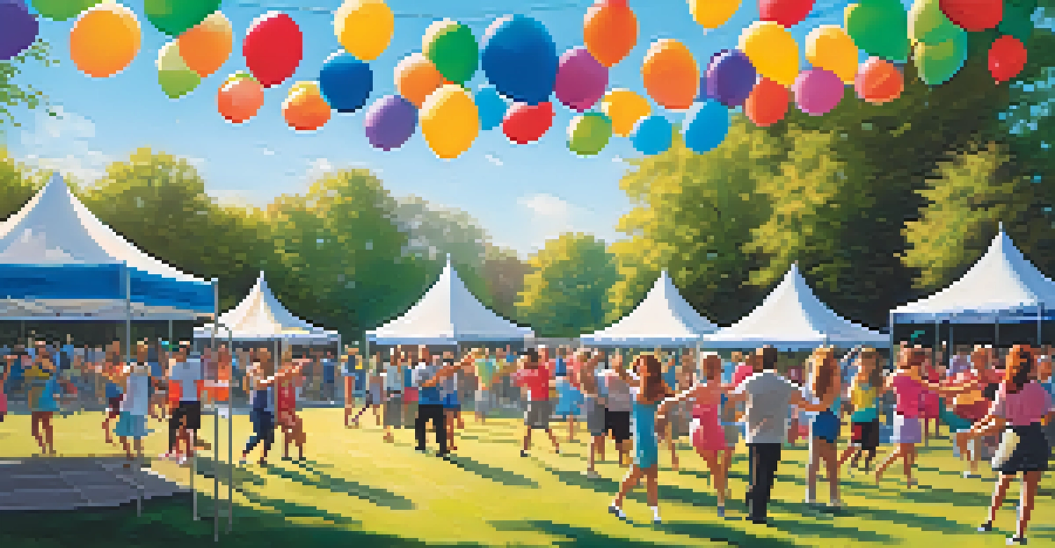 A diverse group of people dancing together at an outdoor dance fitness event in a park, surrounded by colorful decorations and a cheerful atmosphere.