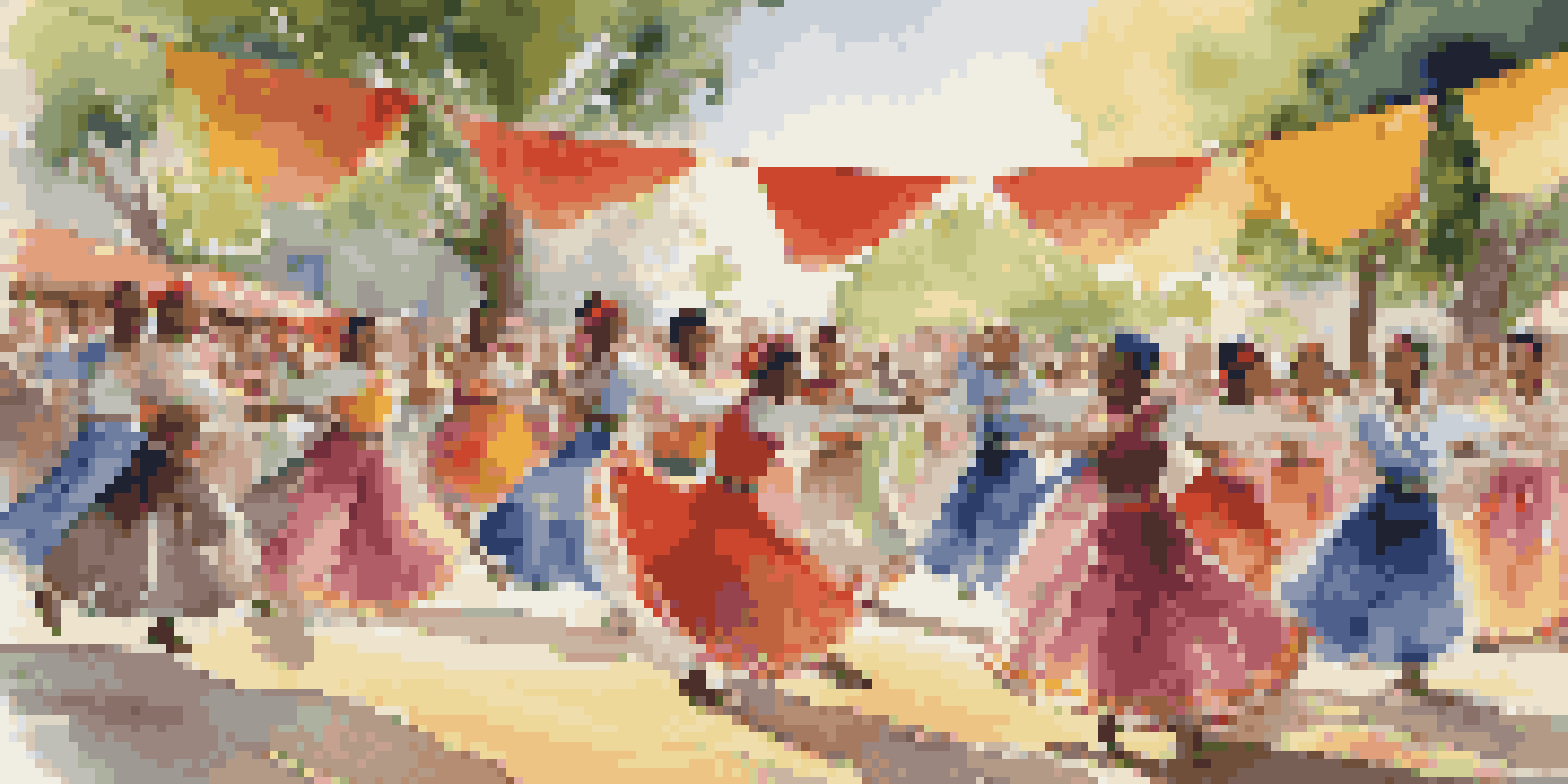 A lively folk dance performance with diverse dancers in traditional attire, surrounded by an audience in a sunny festival setting.