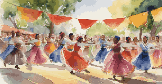 A lively folk dance performance with diverse dancers in traditional attire, surrounded by an audience in a sunny festival setting.