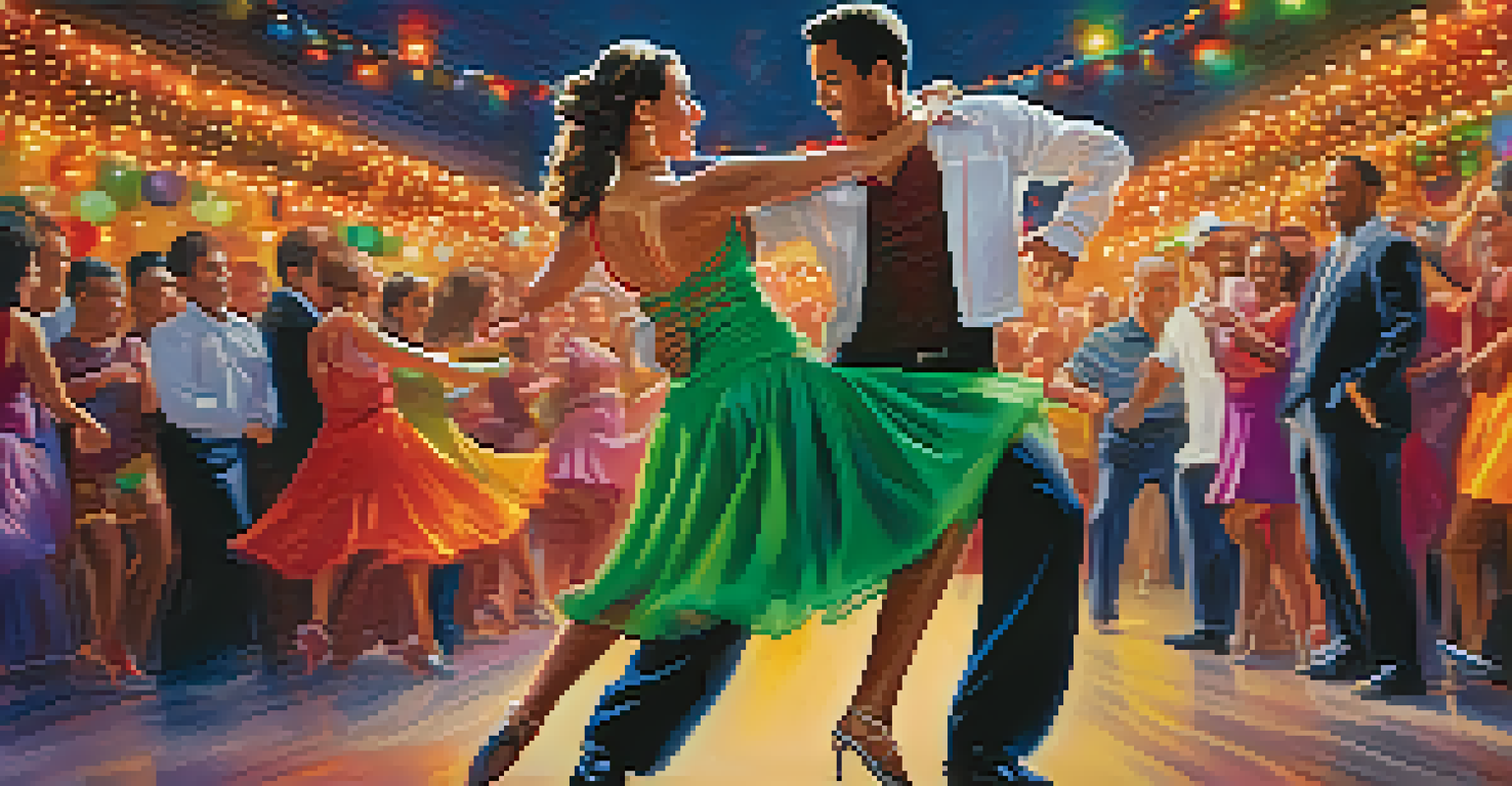 A couple dancing salsa, showcasing vibrant outfits and dynamic movement in a lively setting.