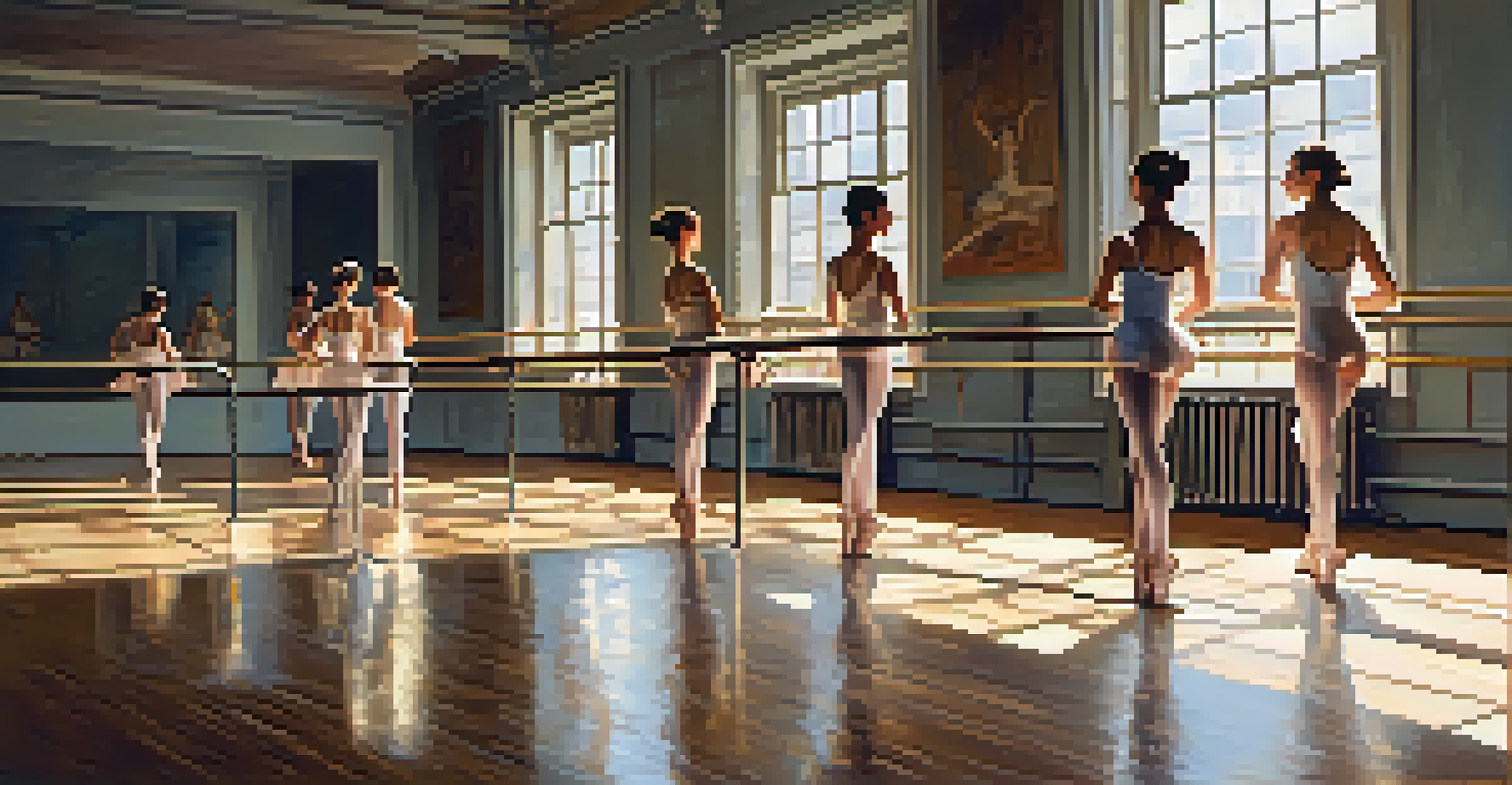 Young ballet dancers rehearsing at a barre in a sunlit studio with mirrors and ballet posters on the walls.