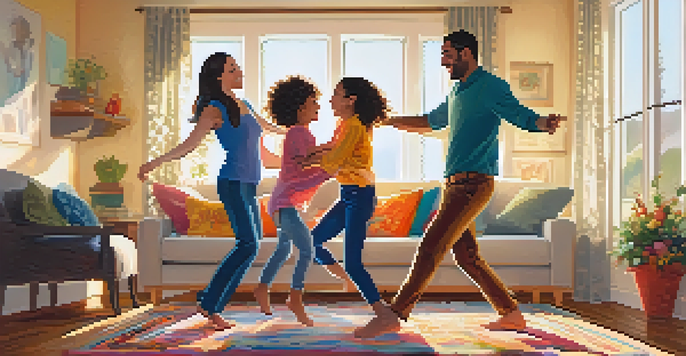 A family of four enjoying a dance in their living room, filled with warmth and happiness.